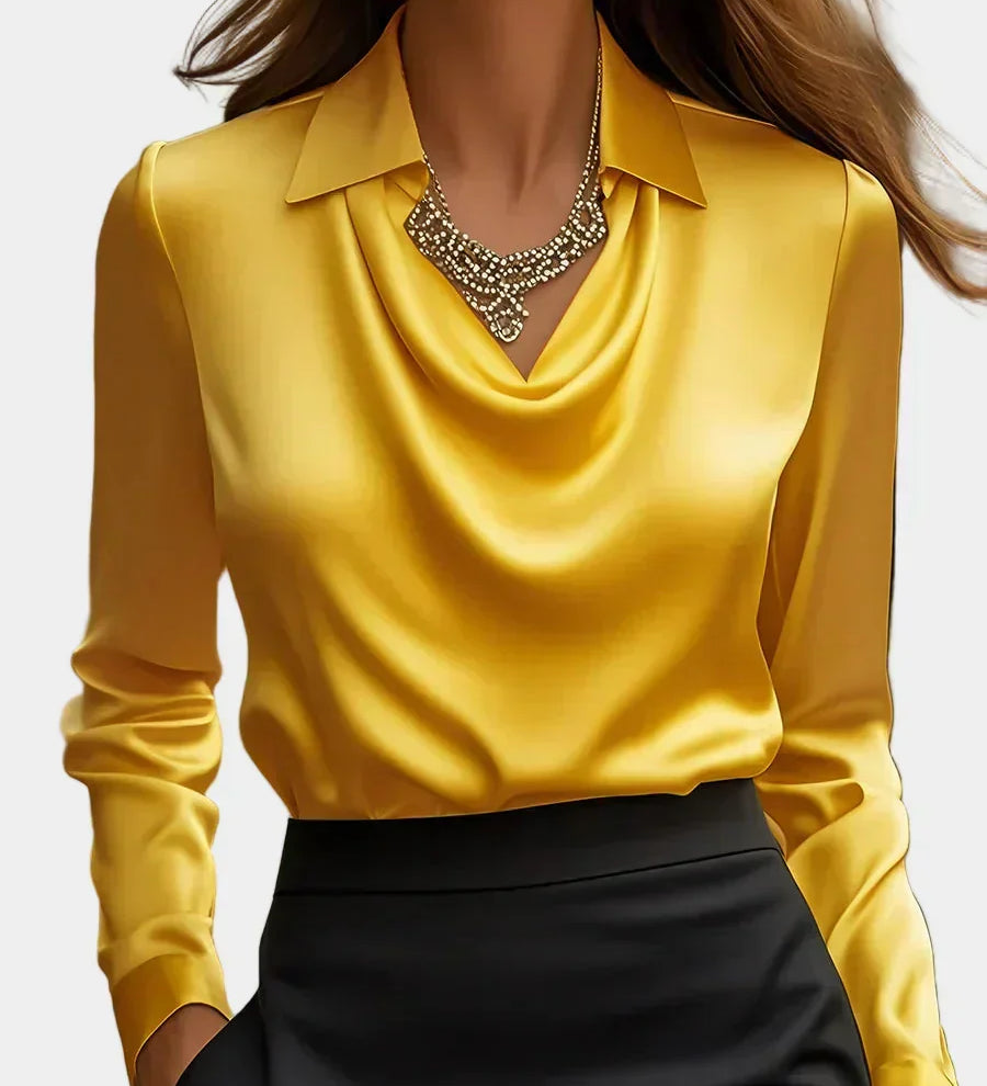 Elegantna Bela Satenska Bluza s Draper Dekolteom
