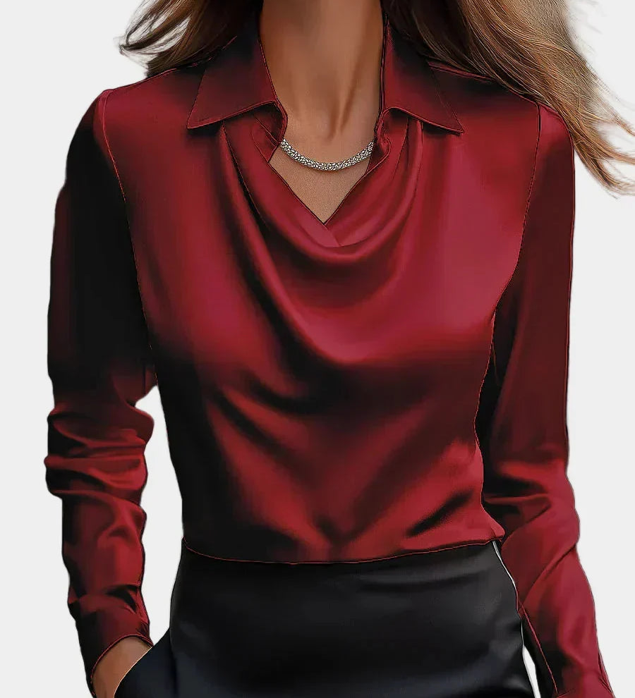 Elegantna Bela Satenska Bluza s Draper Dekolteom