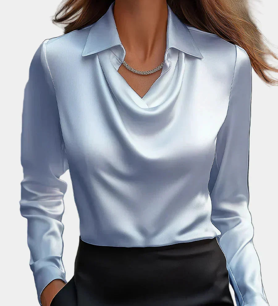 Elegantna Bela Satenska Bluza s Draper Dekolteom