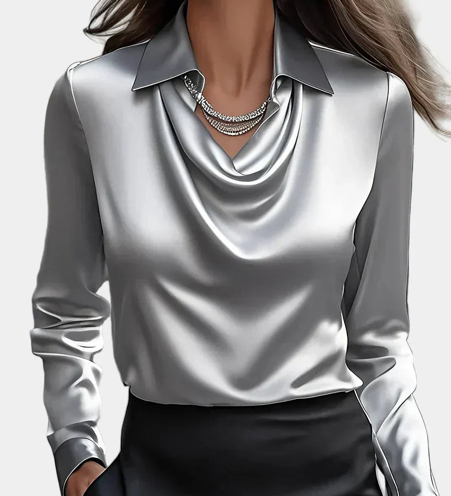 Elegantna Bela Satenska Bluza s Draper Dekolteom
