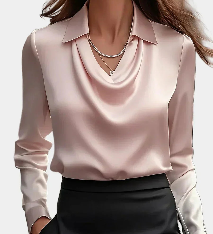 Elegantna Bela Satenska Bluza s Draper Dekolteom