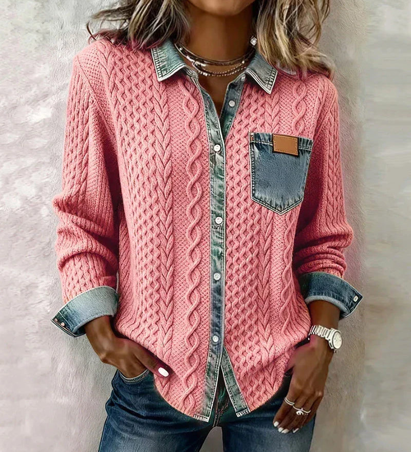 Radojka - Pleteni top s pletenicama i denim detaljima