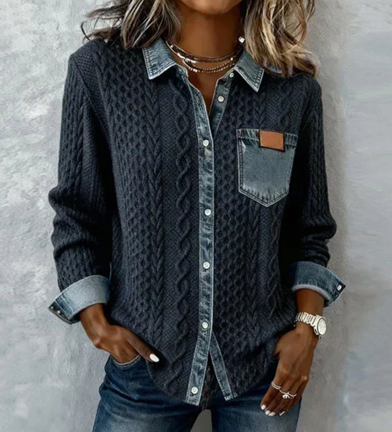 Radojka - Pleteni top s pletenicama i denim detaljima